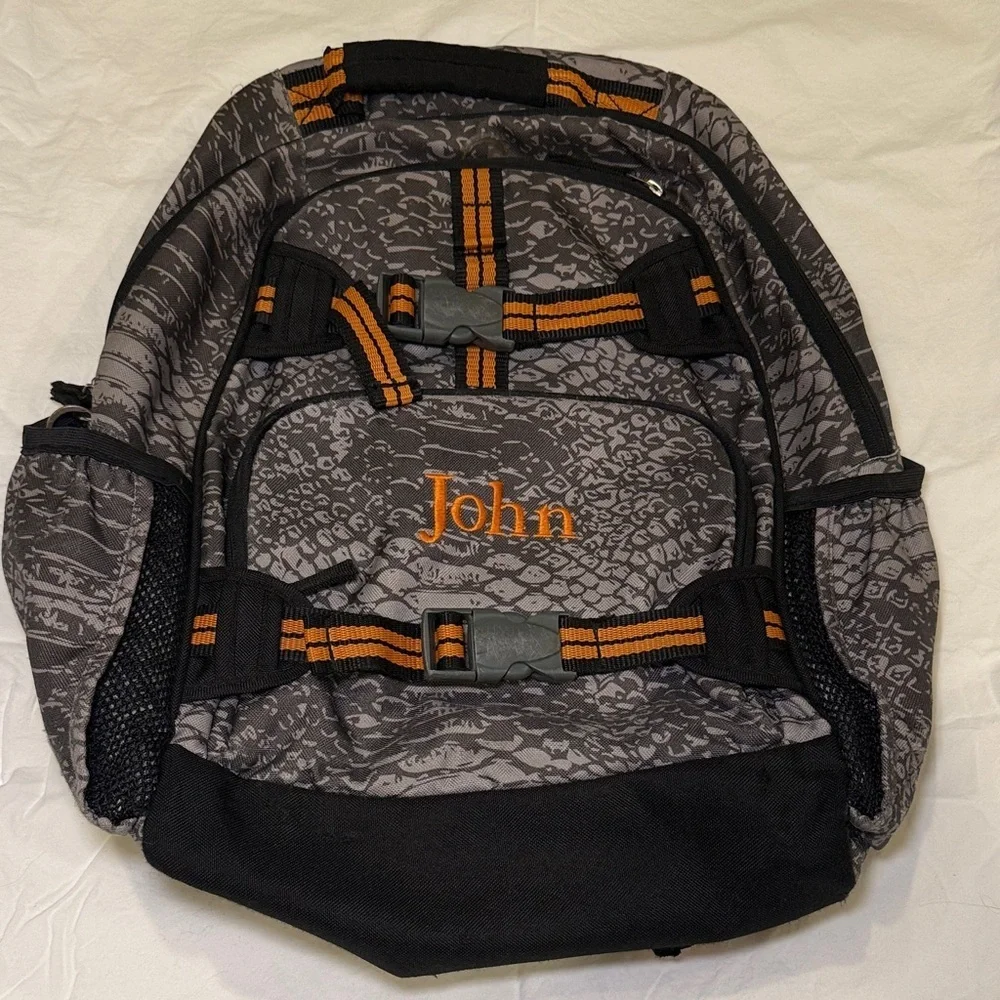 Pottery Barn Kids Grey & Orange SnakeSkin Pattern with John Embroidered Backpack